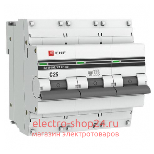 Автоматический выключатель 3P 25А (C) 10kA ВА 47-100 EKF PROxima (автомат) mcb47100-3-25C-pro mcb47100-3-25C-pro - магазин электротехники Electroshop