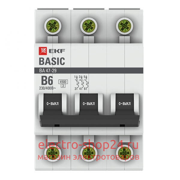 Автоматический выключатель 3P 6А (B) 4,5кА ВА 47-29 EKF Basic (автомат) mcb4729-3-06-B mcb4729-3-06-B - магазин электротехники Electroshop