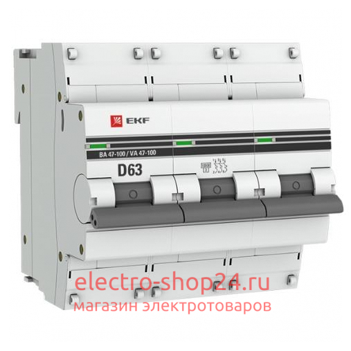 Автоматический выключатель 3P 63А (D) 10kA ВА 47-100 EKF PROxima (автомат) mcb47100-3-63D-pro mcb47100-3-63D-pro - магазин электротехники Electroshop