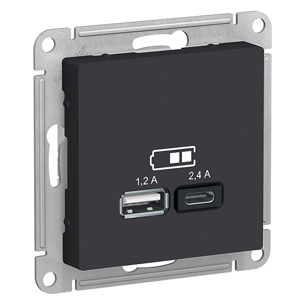 Зарядное устройство USB тип A+С 5В/2,4 А 2х5В/1,2 А, AtlasDesign карбон Systeme Electric ATN001039 ATN001039 - магазин электротехники Electroshop