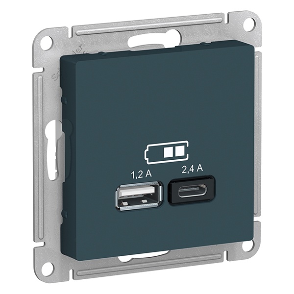 Зарядное устройство USB тип A+С 5В/2,4 А 2х5В/1,2А AtlasDesign изумруд Systeme Electric ATN000839 ATN000839 - магазин электротехники Electroshop