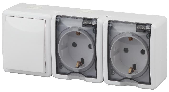 Блок две розетки+выключатель IP54 16A(10AX)-250В открытой установки Эра Эксперт белый 11-7403-01 Б0027673 Б0027673 - магазин электротехники Electroshop