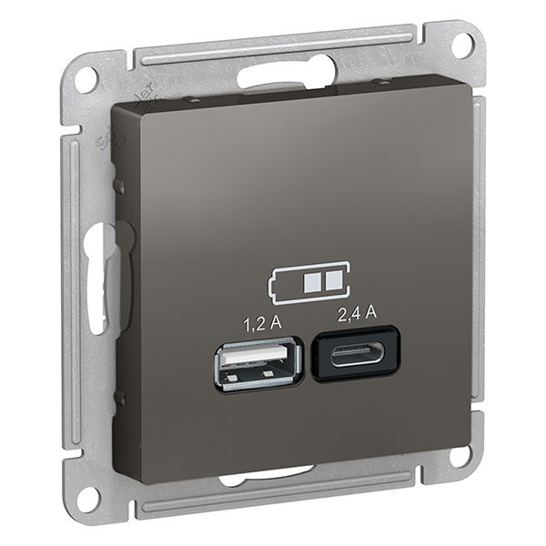 Зарядное устройство USB тип A+С 5В/2,4А 2х5В/1,2А AtlasDesign сталь Systeme Electric ATN000939 ATN000939 - магазин электротехники Electroshop