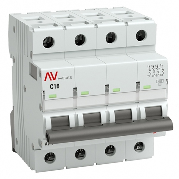 Выключатель автоматический EKF AVERES AV-6 16A (C) 4P трехфазный 6kA mcb6-4-16C-av mcb6-4-16C-av - магазин электротехники Electroshop