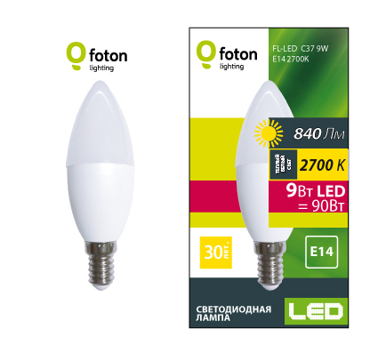 Лампа светодиодная свеча FL-LED C37 9W 2700К 220V E14 840LM Foton Lighting 610270 610270 - магазин электротехники Electroshop