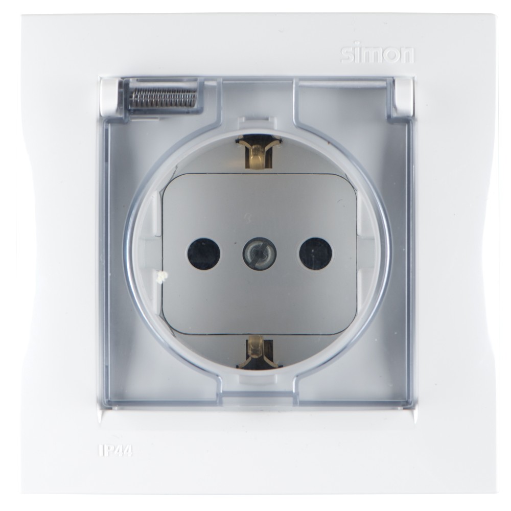 Розетка 2П+З с рамкой шторками и крышкой IP44 16А винтовой зажим Simon 15 белый 1590450-030 1590450-030 - магазин электротехники Electroshop