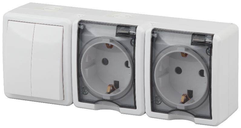 Блок две розетки+выключатель двойной IP54 16A 10AX открытой установки Эра Эксперт белый 11-7404-01 Б0027675 Б0027675 - магазин электротехники Electroshop