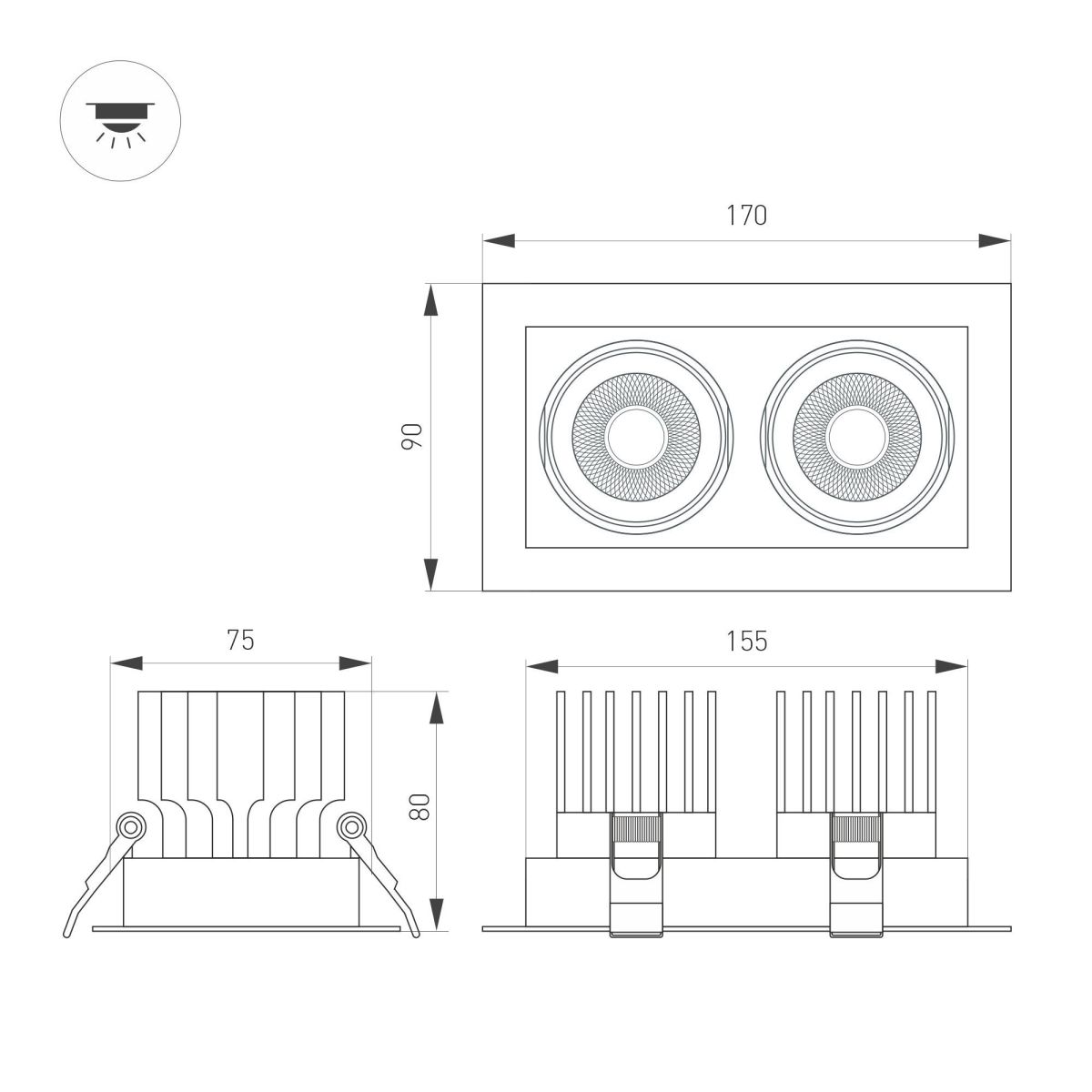 Встраиваемый светильник Arlight MS-VORTEX-BUILT-S170x90-2x12W Day4000 (WH-WH, 40 deg, 230V) 057771 057771 - магазин электротехники Electroshop