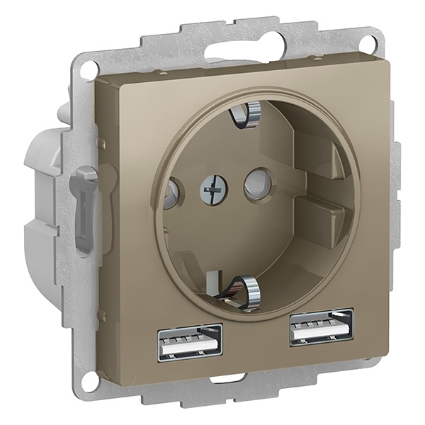 Зарядка розетка с/з 16А + USB A+A 5В/2,4А, 2х5В/1,2А AtlasDesign шампань Systeme Electric ATN000530 ATN000530 - магазин электротехники Electroshop