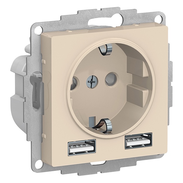 Зарядка розетка с/з 16А + USB A+A 5В/2,4А, 2х5В/1,2А AtlasDesign бежевый Systeme Electric ATN000230 ATN000230 - магазин электротехники Electroshop