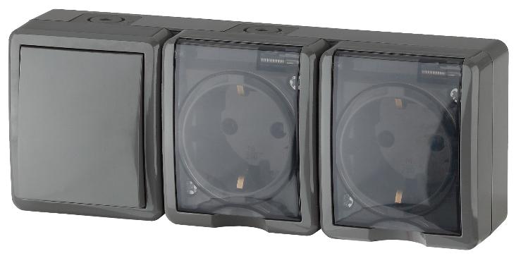 Блок две розетки+выключатель IP54 16A(10AX)-250В открытой установки Эра Эксперт серый 11-7403-03 Б0027674 Б0027674 - магазин электротехники Electroshop