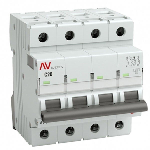 Выключатель автоматический EKF AVERES AV-6 20A (C) 4P трехфазный 6kA mcb6-4-20C-av mcb6-4-20C-av - магазин электротехники Electroshop