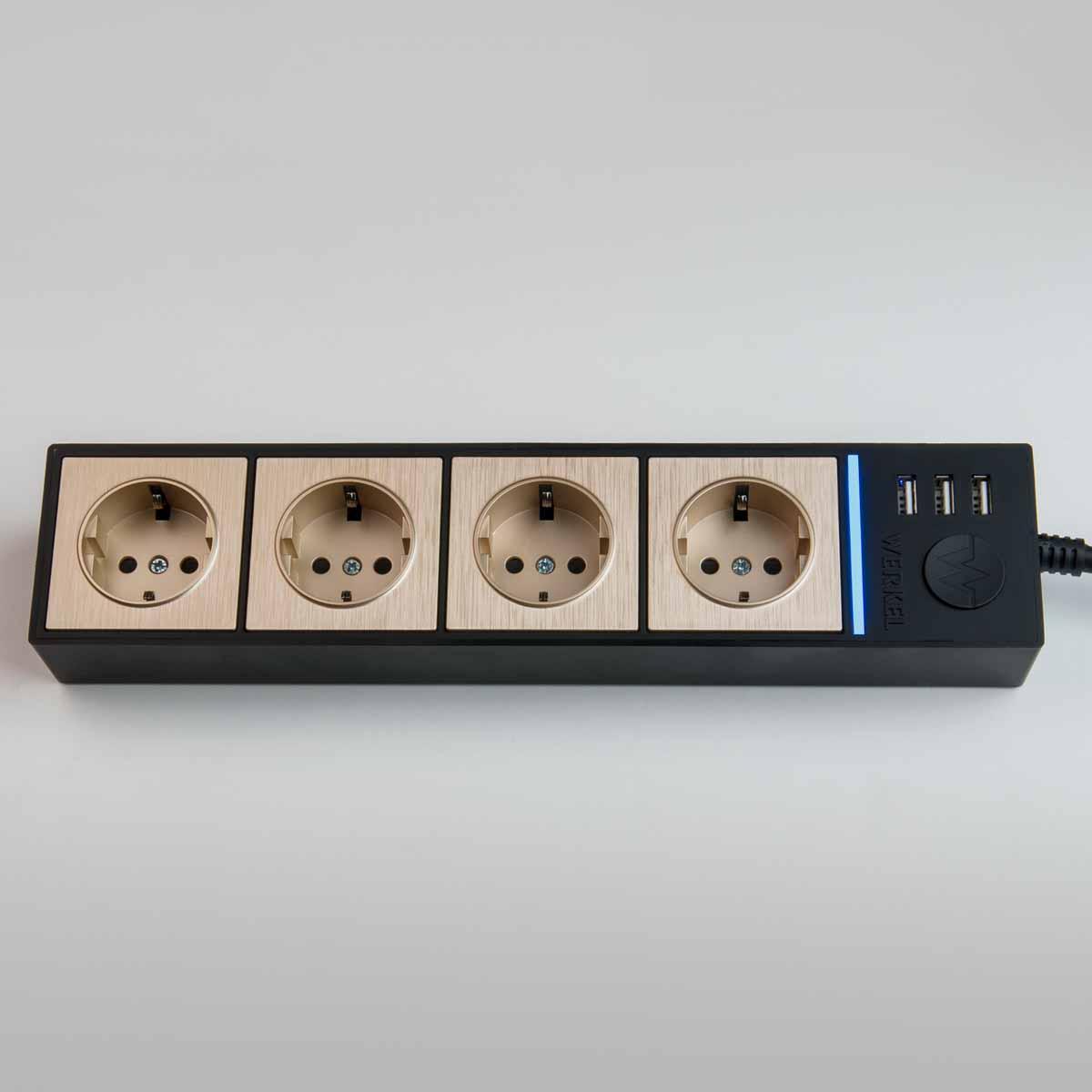 Розеточный блок Werkel 4-х местный + 3 USB черный/шампань W6514944 4690389163746 4690389163746 - магазин электротехники Electroshop