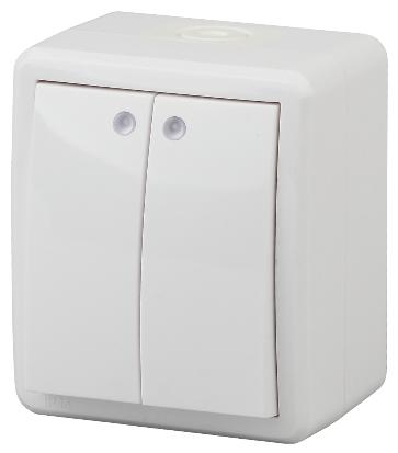 Выключатель двойной с подсветкой IP54 10АХ-250В открытой установки Эра Эксперт белый 11-1405-01 Б0020677 Б0020677 - магазин электротехники Electroshop