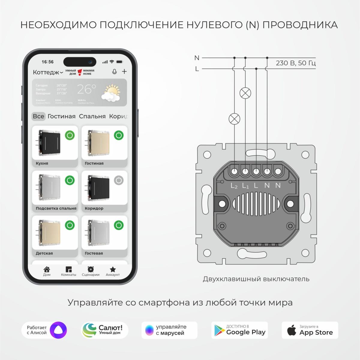 Сенсорный выключатель двухклавишный с функцией Wi-Fi Werkel шампань W4520611 4690389171307 4690389171307 - магазин электротехники Electroshop