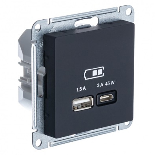 Зарядка USB тип А + тип С 45W высокоскоростная зарядка QC, PD AtlasDesign карбон Systeme Electric ATN001029 ATN001029 - магазин электротехники Electroshop