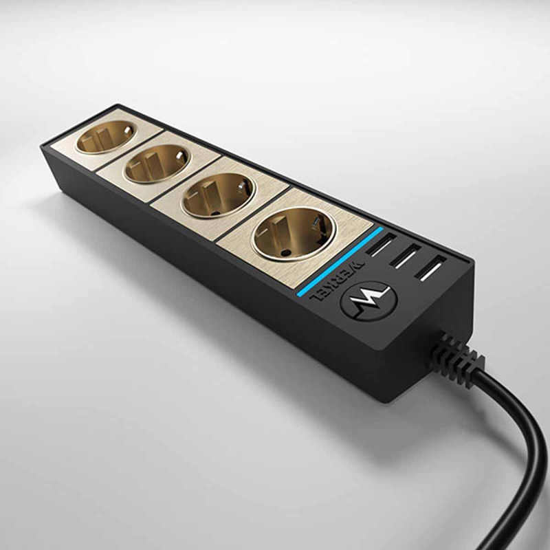 Розеточный блок Werkel 4-х местный + 3 USB черный/шампань W6514944 4690389163746 4690389163746 - магазин электротехники Electroshop