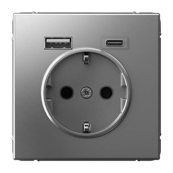Зарядка USB с розеткой 2P+E ArtGallery тип-А и тип-C 5В/2,4А/3,0А, 2х5В/1,5 сталь Systeme Electric  GAL000932  GAL000932 - магазин электротехники Electroshop
