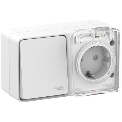 Блок: розетка 2Р+Е шторки 16А + 1-к выкл. 10А открытой установки IP54 Systeme Electric AtlasDesign Profi54 белый ATN540170 ATN540170 - магазин электротехники Electroshop