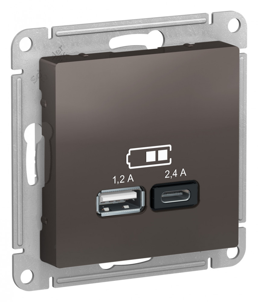 Зарядное устройство USB тип A+С 5В/2,4 А 2х5В/1,2А AtlasDesign мокко Systeme Electric ATN000639 ATN000639 - магазин электротехники Electroshop