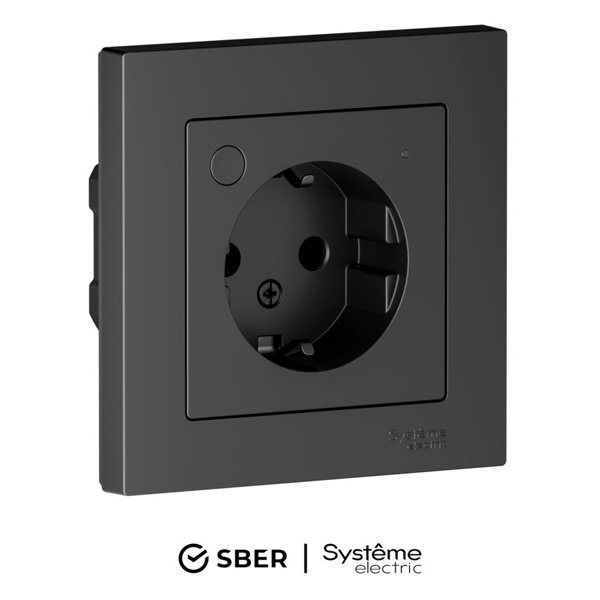 Умная розетка AtlasDesign Sber & Systeme Electric 2P+E 16А шторки Zigbee L+N, карбон ATN001045Z ATN001045Z - магазин электротехники Electroshop