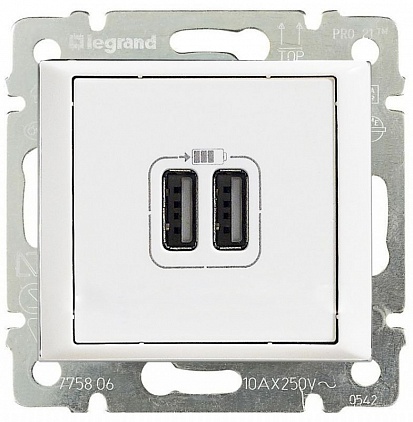 Зарядное устройство с 2-мя коннекторами USB Legrand серии Valena 1500мА. Цвет - белый 770470 770470 - магазин электротехники Electroshop
