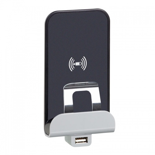 Беспроводное зарядное устройство Qi 1А с доп.разьемом USB A 5В 2,4А. Legrand Etika антрацит 672637 672637 - магазин электротехники Electroshop