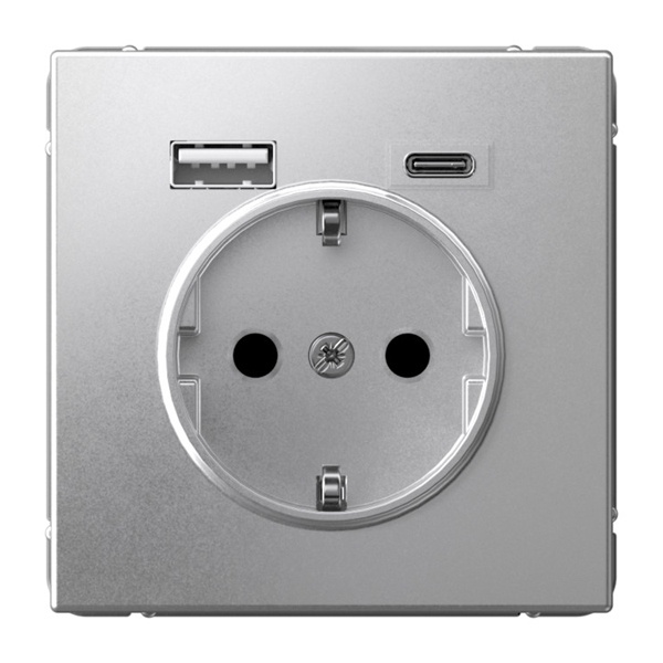 Зарядка USB с розеткой 2P+E ArtGallery тип-А и тип-C 5В/2,4А/3,0А, 2х5В/1,5 алюминий Systeme Electric GAL000332 - магазин электротехники Electroshop