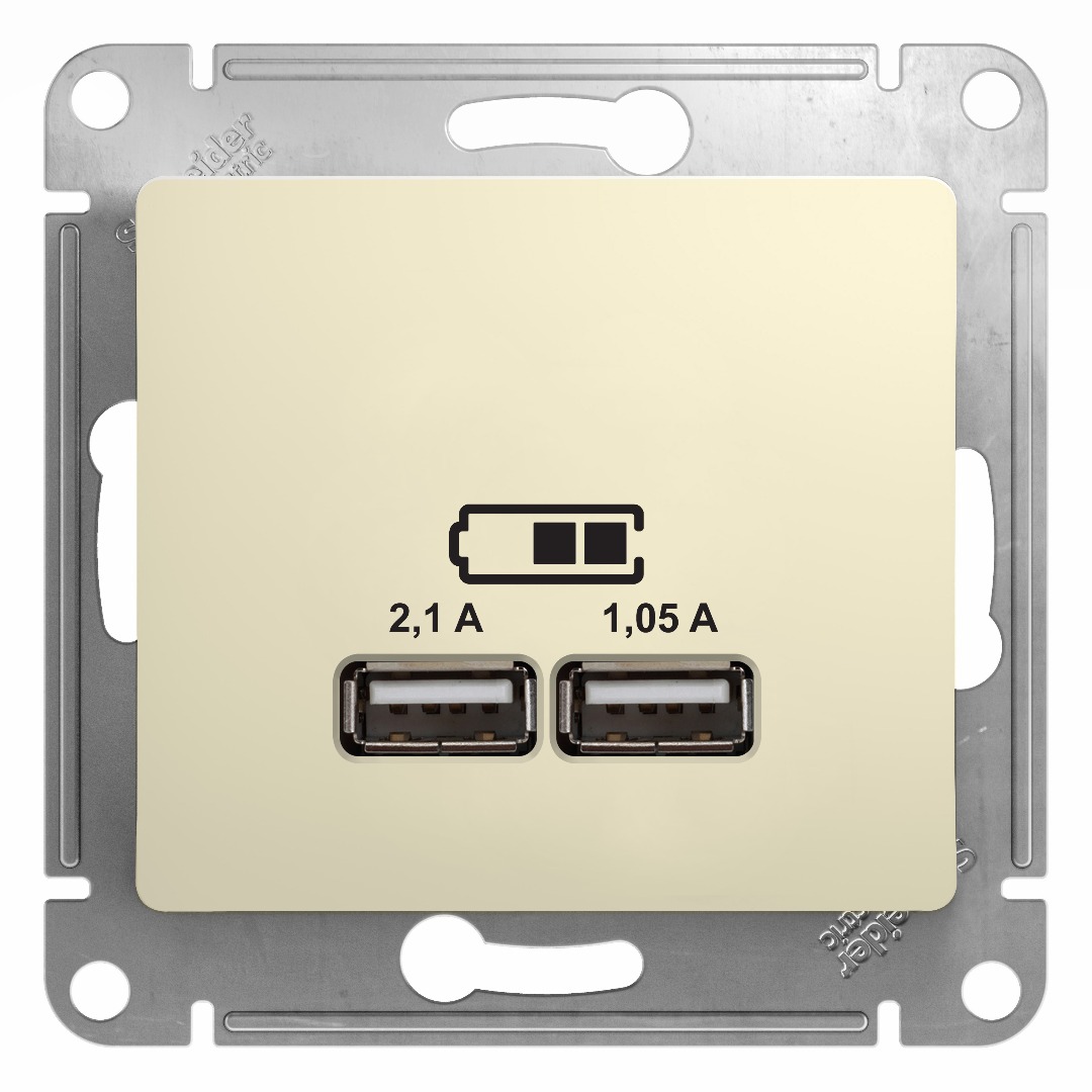 Зарядка USB розетка 5В/2100мА, 2х5В/1050мА механизм Schneider Electric Glossa бежевый GSL000233 GSL000233 - магазин электротехники Electroshop