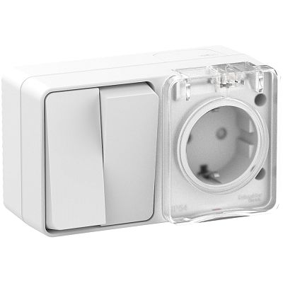 Блок: розетка 2Р+Е шторки 16А + 2-к выкл. 10А открытой установки IP54 Systeme Electric AtlasDesign Profi54 белый ATN540174 ATN540174 - магазин электротехники Electroshop