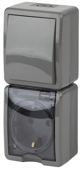 Блок розетка+выкл. верт. IP54 16A(10AX)-250В открытой установки Эра Эксперт, серый 11-7407-03 Б0036005 Б0036005 - магазин электротехники Electroshop