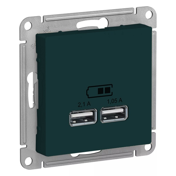 Зарядка USB 5В, 1 порт x 2,1 А, 2 порта х 1,05А AtlasDesign изумруд Systeme Electric ATN000833 ATN000833 - магазин электротехники Electroshop