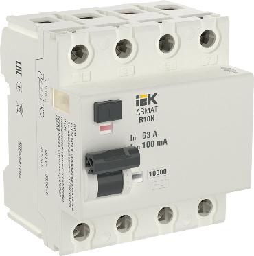 УЗО ARMAT ВДТ R10N 4P 63А 100мА тип AC ИЭК (ВДТ) AR-R10N-4-063C100 AR-R10N-4-063C100 - магазин электротехники Electroshop