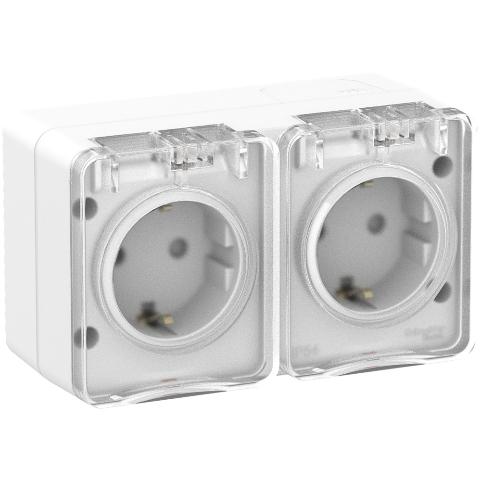 Двойная розетка 2Р+Е со шторками открытой установки 16А 250В IP54 Systeme Electric AtlasDesign Profi54 белый ATN540126 ATN540126 - магазин электротехники Electroshop