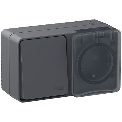 Блок:розетка 2Р+Е шторки 16А + 1-к выкл.10А открытой установки IP54 Systeme Electric AtlasDesign Profi54 антрацит ATN544070 ATN544070 - магазин электротехники Electroshop