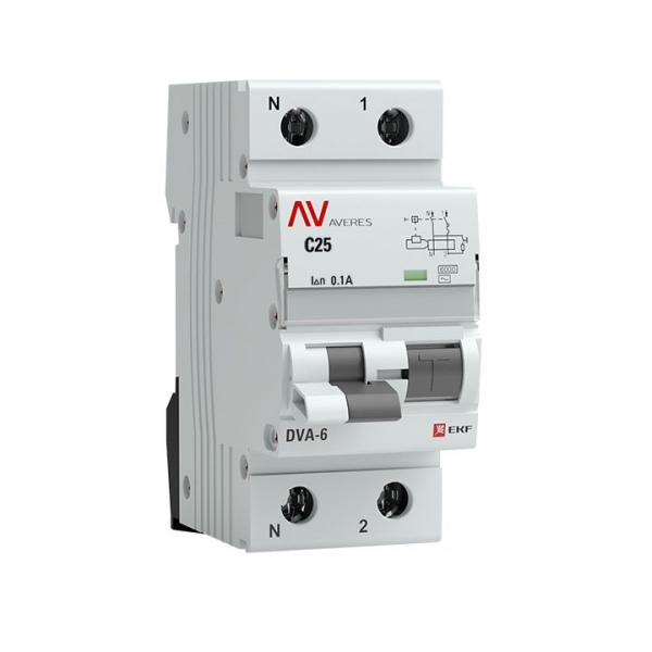 Дифференциальный автомат EKF AVERES DVA-6 C25А 1P+N 100мА тип AC однофазный электромеханический 6кА rcbo6-1pn-25C-100-ac-av rcbo6-1pn-25C-100-ac-av - магазин электротехники Electroshop