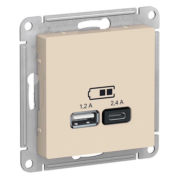 Зарядное устройство USB тип A+С 5В/2,4 А 2х5В/1,2 А AtlasDesign бежевый  Systeme Electric ATN000239 ATN000239 - магазин электротехники Electroshop