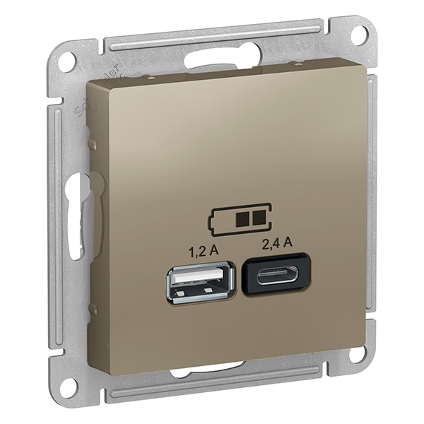 Зарядное устройство USB тип A+С 5В/2,4 А 2х5В/1,2А AtlasDesign шампань Systeme Electric ATN000539 ATN000539 - магазин электротехники Electroshop