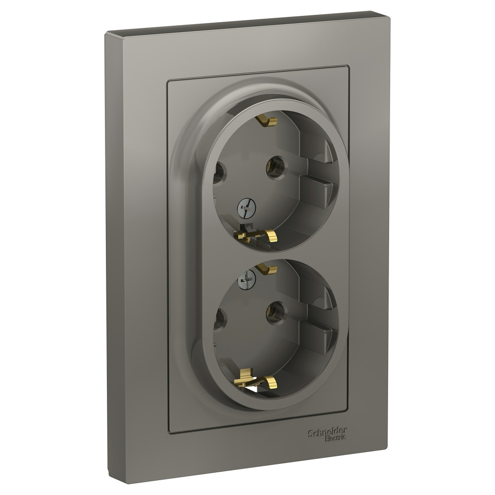 Розетка двойная с заземлением со шторками 16А в сборе AtlasDesign сталь Systeme Electric ATN000926 ATN000926 - магазин электротехники Electroshop