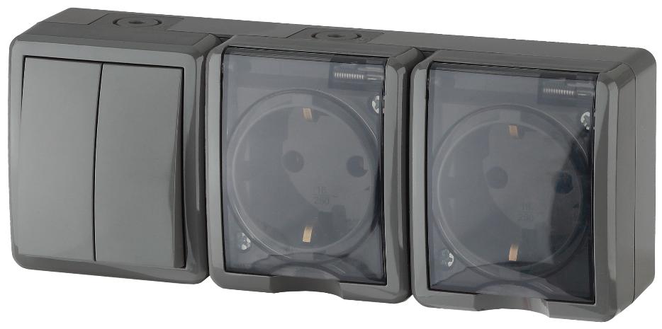 Блок две розетки+выключатель двойной IP54 16A 10AX открытой установки Эра Эксперт серый 11-7404-03 Б0027676 Б0027676 - магазин электротехники Electroshop