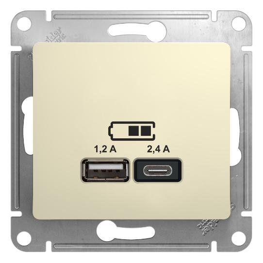 Зарядное устройство USB тип A+С 5В/2,4 А 2х5В/1,2 А, Systeme Electric Glossa бежевый GSL000239 GSL000239 - магазин электротехники Electroshop