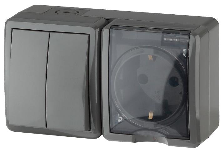 Блок розетка+выключатель двойной IP54 16A(10AX) открытой установки Эра Эксперт серый 11-7402-03 Б0020736 Б0020736 - магазин электротехники Electroshop