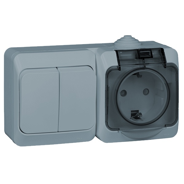 Блок выключатель двухклавишный + розетка с/з Этюд IP44 Systeme Electric серый BPA16-242C BPA16-242C - магазин электротехники Electroshop