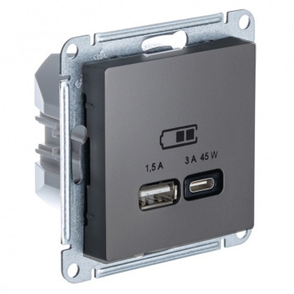 Зарядка USB тип А + тип С 45W высокоскоростная зарядка QC PD AtlasDesign сталь Systeme Electric ATN000929 ATN000929 - магазин электротехники Electroshop