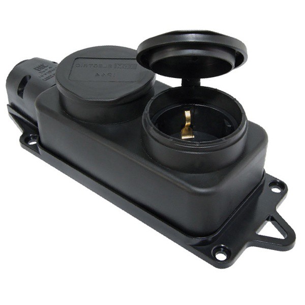 Розетка двухместная с крышками каучук 2x2Р+РЕ 16А 250В IP44 черная 73216 - магазин электротехники Electroshop