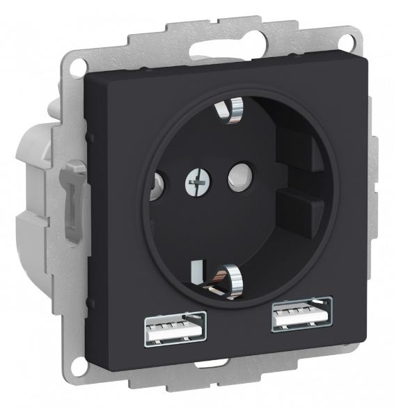 Зарядка розетка с/з 16А + USB A+A 5В/2,4А, 2х5В/1,2А AtlasDesign карбон Systeme Electric ATN001030 ATN001030 - магазин электротехники Electroshop