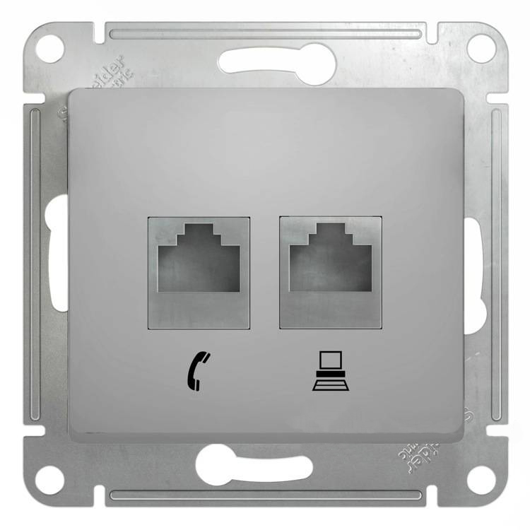 Розетка двойная RJ11+RJ45 кат.5E механизм Systeme Electric Glossa алюминий GSL000385 GSL000385 - магазин электротехники Electroshop