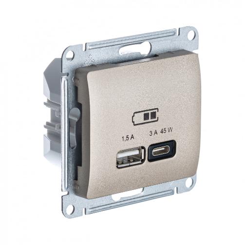 Зарядка USB тип А + тип С 45W высокоскоростная зарядка QC, PD Systeme Electric Glossa титан GSL000429 GSL000429 - магазин электротехники Electroshop