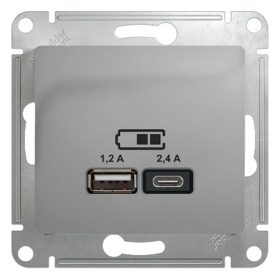 Зарядное устройство USB тип A+С 5В/2,4 А 2х5В/1,2 А, Systeme Electric Glossa алюминий GSL000339 GSL000339 - магазин электротехники Electroshop