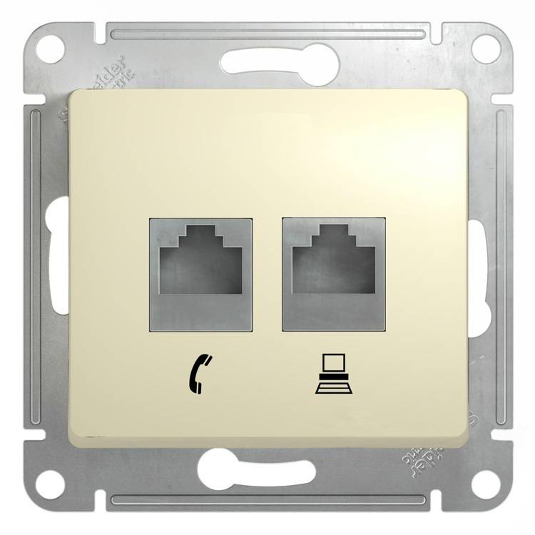 Розетка двойная RJ11+RJ45 кат.5E механизм Schneider Electric Glossa бежевый GSL000285 GSL000285 - магазин электротехники Electroshop